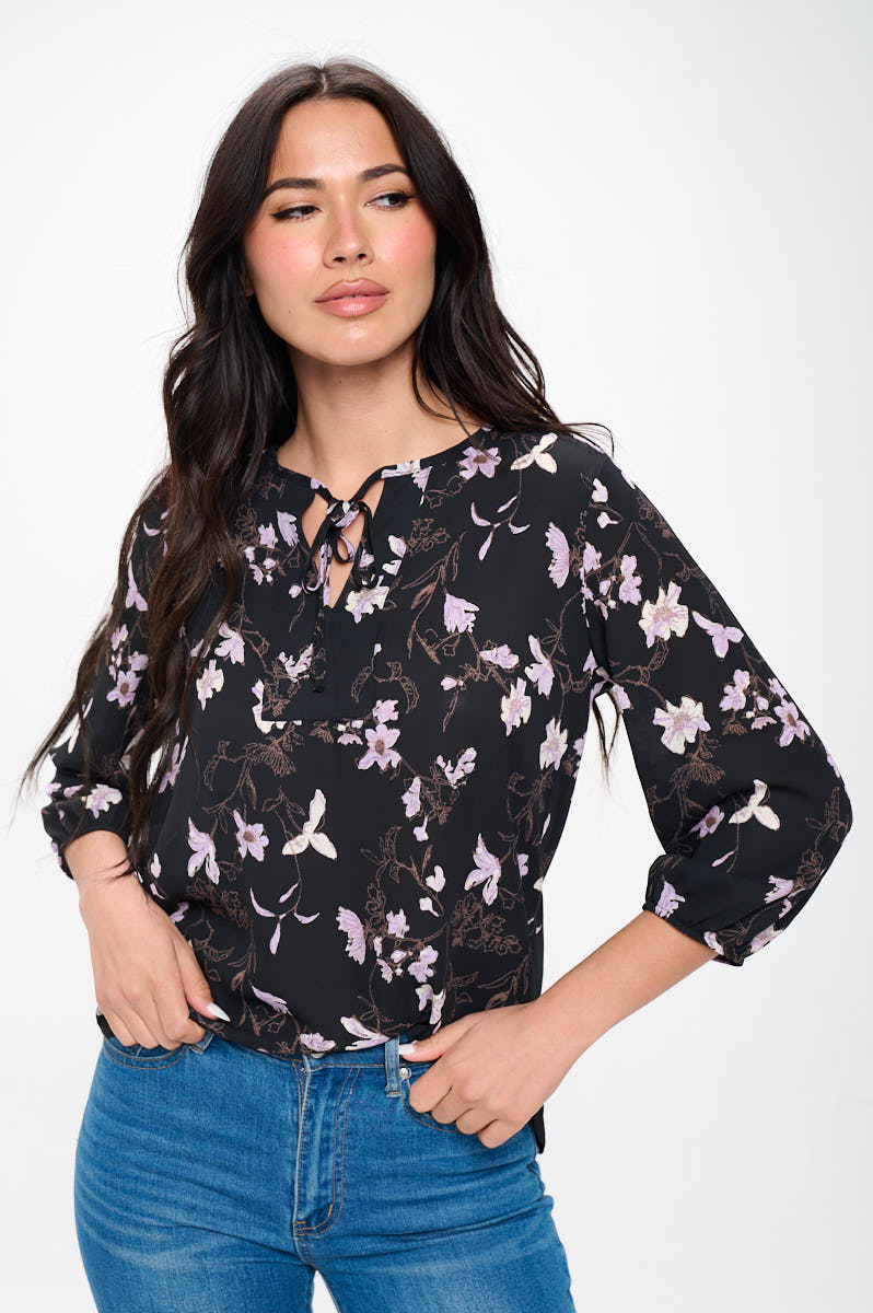 Sophia Three Quarter Balloon Sleeve Printed Everyday Blouse