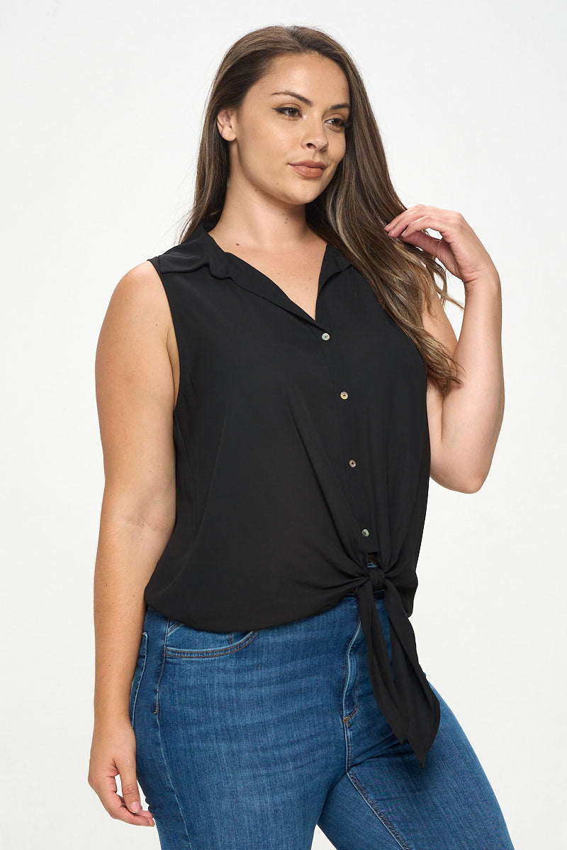 Nyla Plus Size Sleeveless Tie Front Collar Top