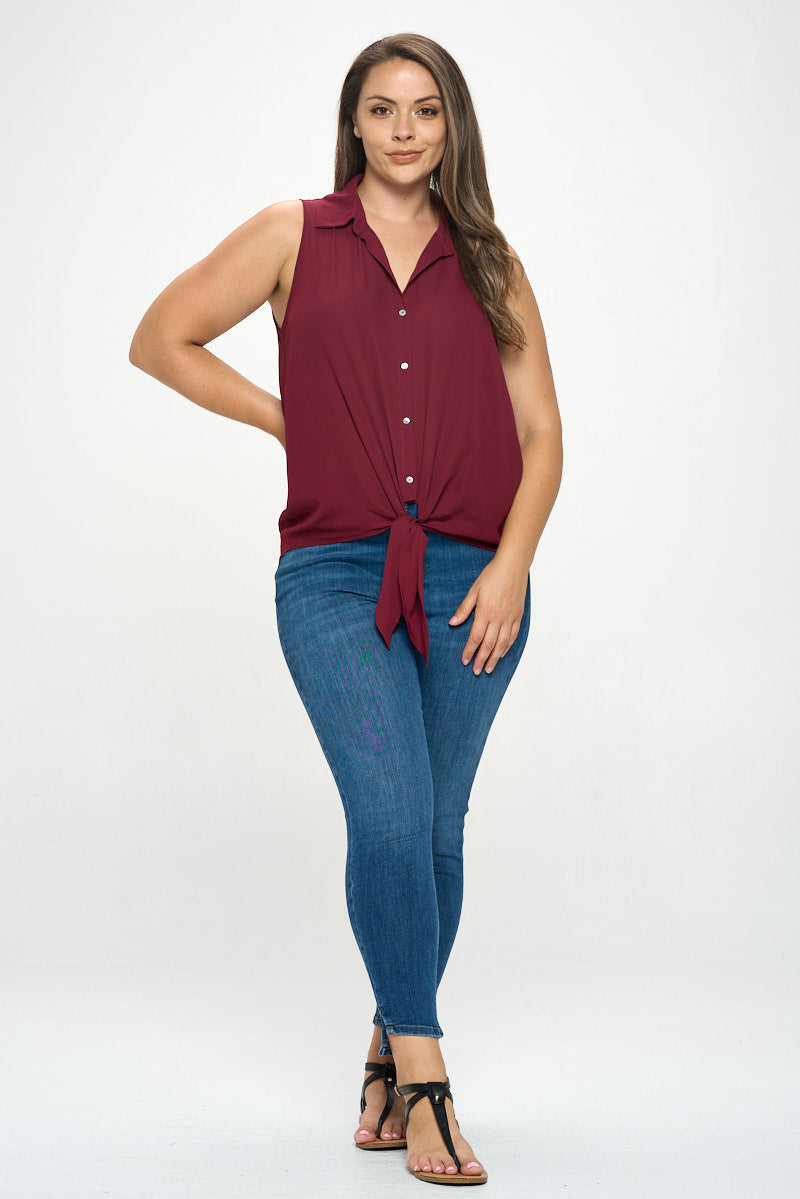 Nyla Plus Size Sleeveless Tie Front Collar Top