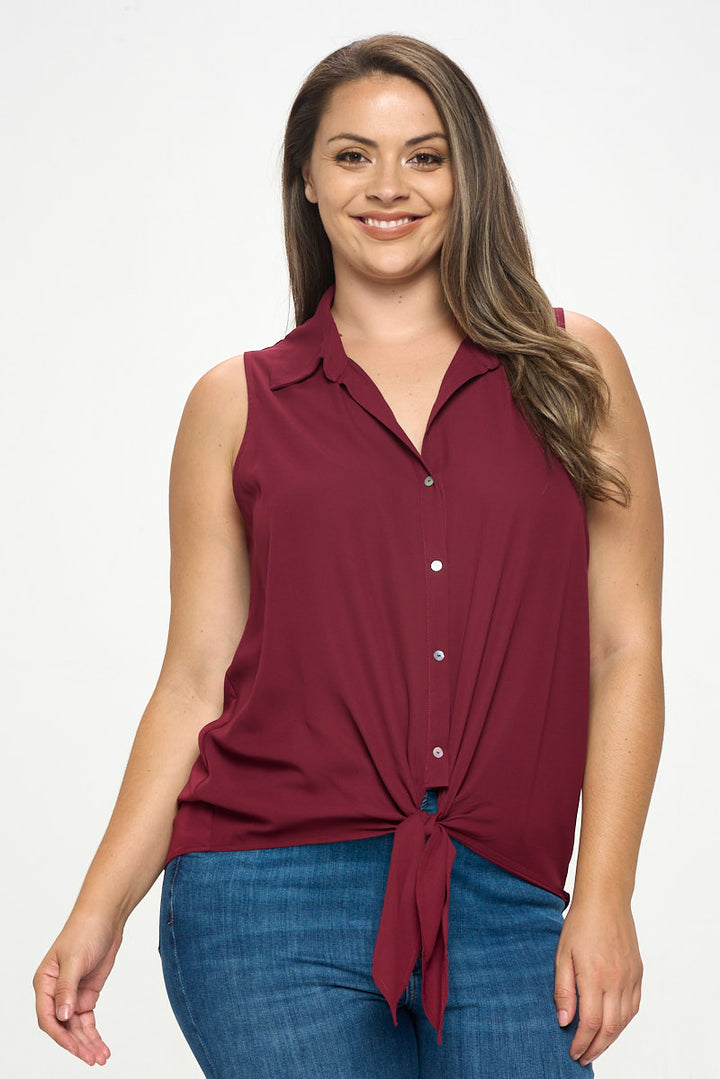 Nyla Plus Size Sleeveless Tie Front Collar Top