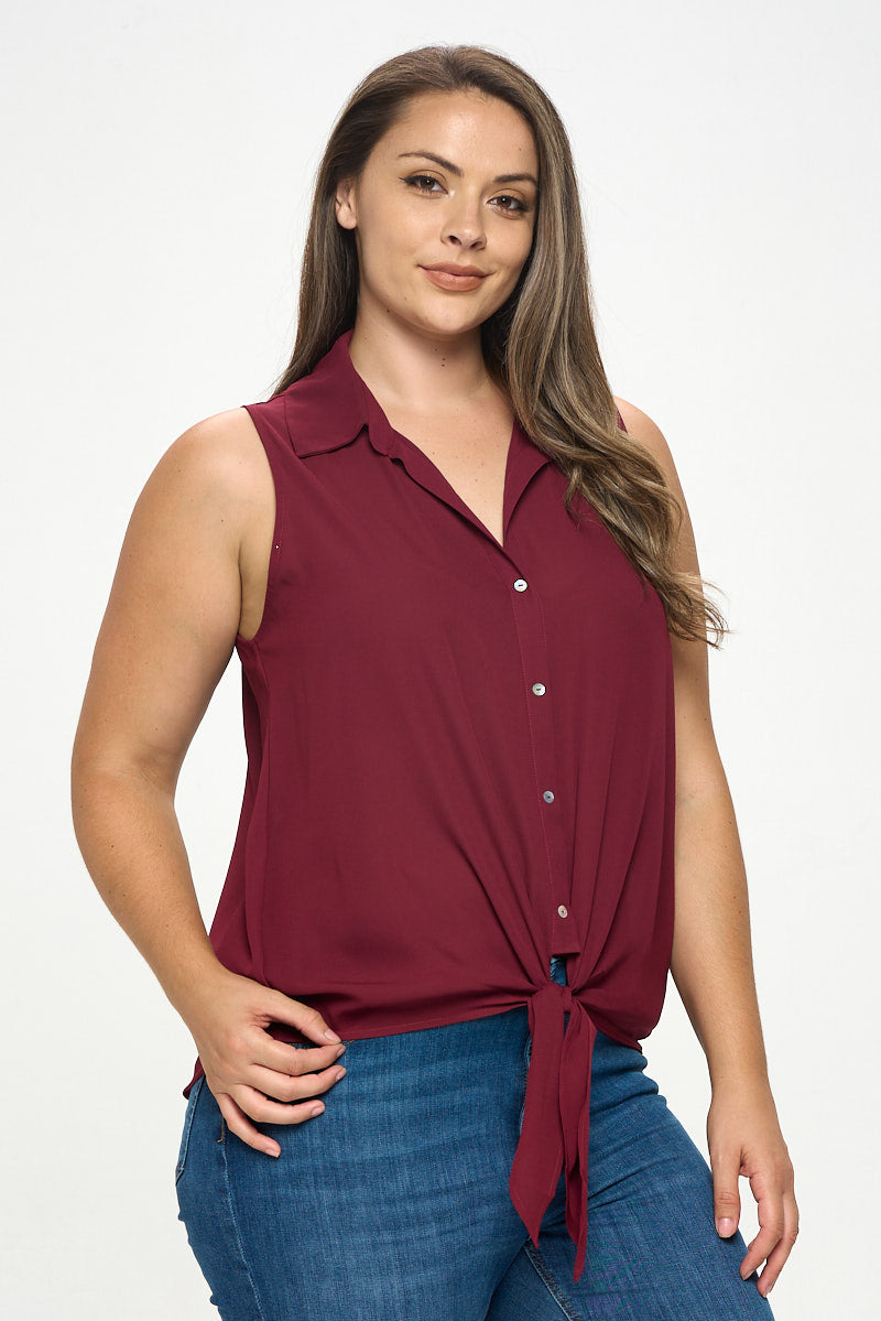 Nyla Plus Size Sleeveless Tie Front Collar Top