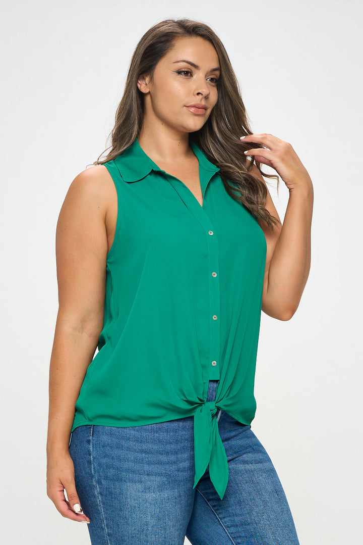 Nyla Plus Size Sleeveless Tie Front Collar Top