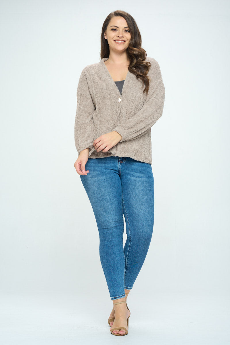 Clara Plus Size Furry One Button Short Cardigan