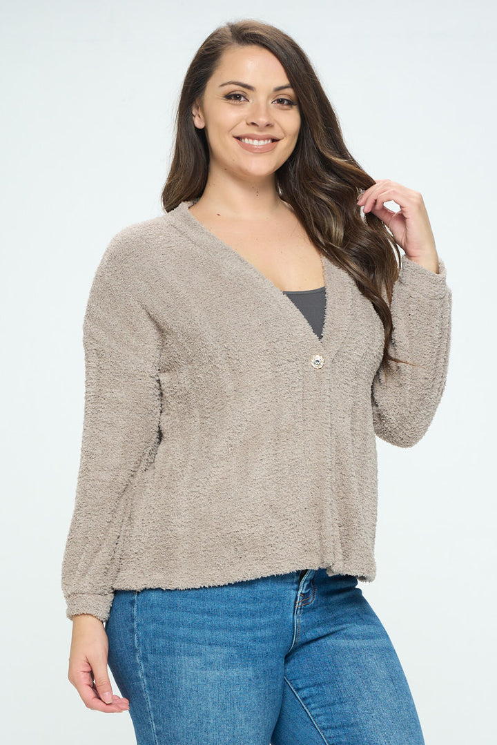 Clara Plus Size Furry One Button Short Cardigan