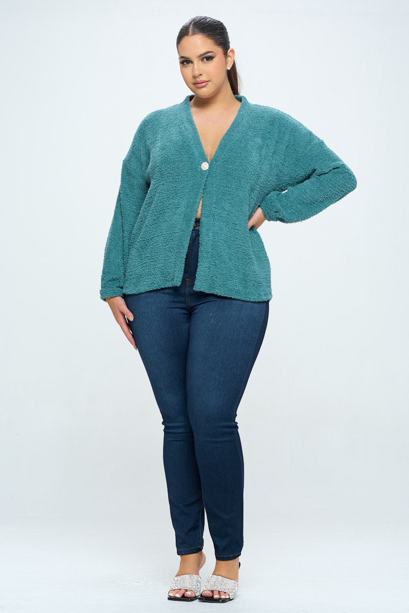 Clara Plus Size Furry One Button Short Cardigan