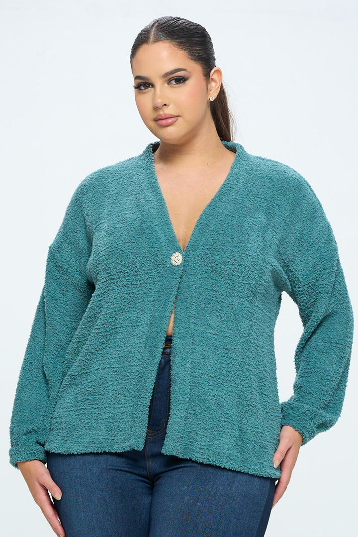 Clara Plus Size Furry One Button Short Cardigan