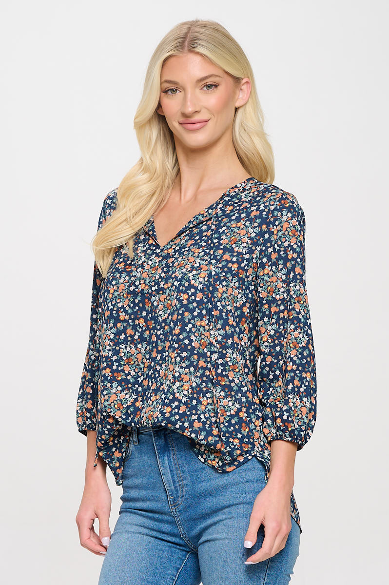 Sophia Three Quarter Balloon Sleeve Printed Everyday Blouse