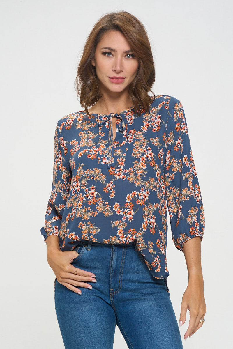 Sophia Three Quarter Balloon Sleeve Printed Everyday Blouse