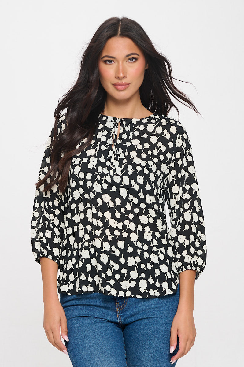 Sophia Three Quarter Balloon Sleeve Tie-Neck Printed Everyday Blouse