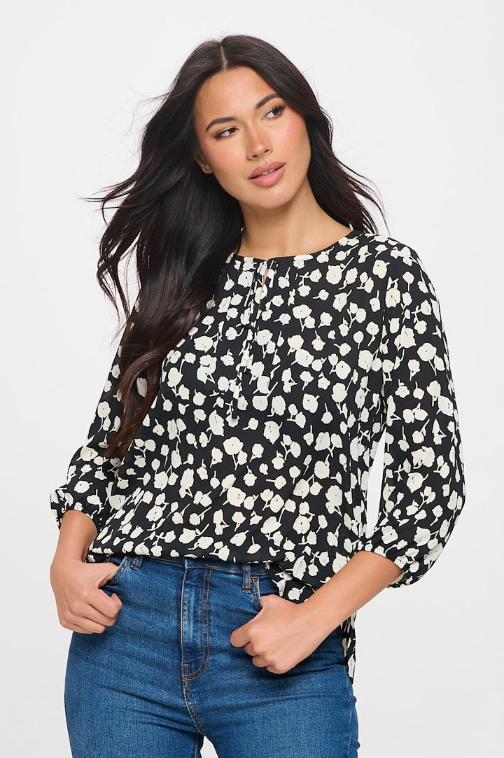 Sophia Three Quarter Balloon Sleeve Tie-Neck Printed Everyday Blouse