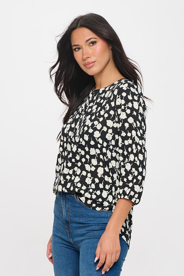 Sophia Three Quarter Balloon Sleeve Tie-Neck Printed Everyday Blouse