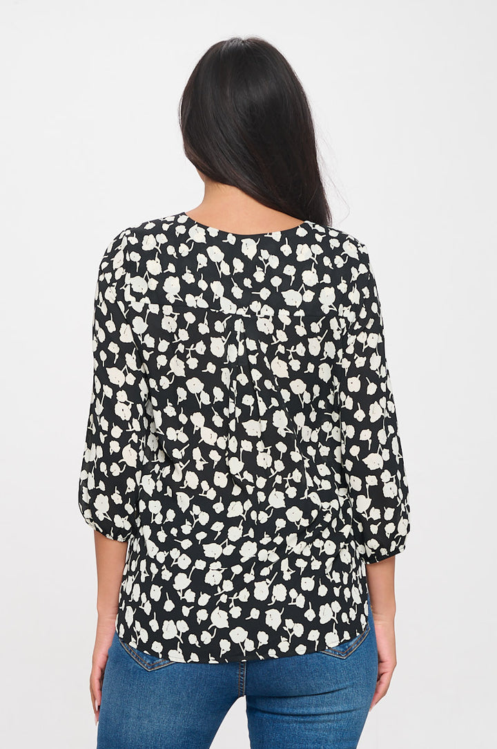 Sophia Three Quarter Balloon Sleeve Tie-Neck Printed Everyday Blouse