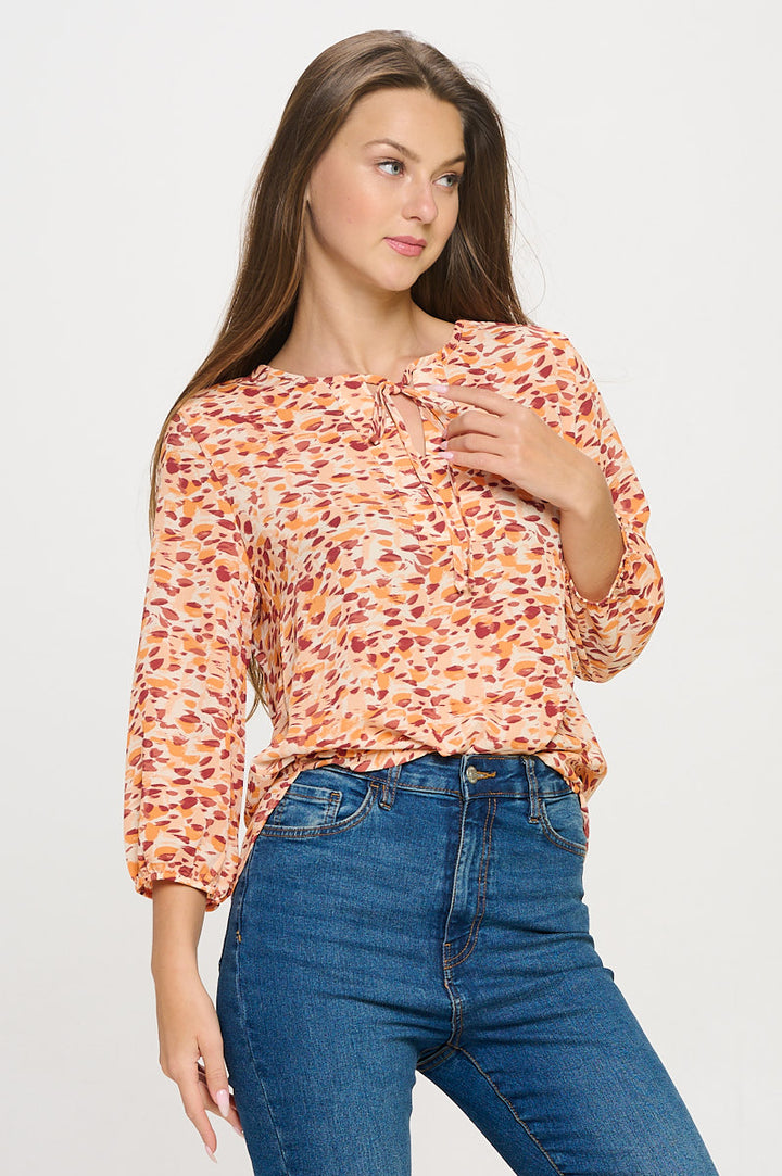 Sophia Three Quarter Balloon Sleeve Printed Everyday Blouse