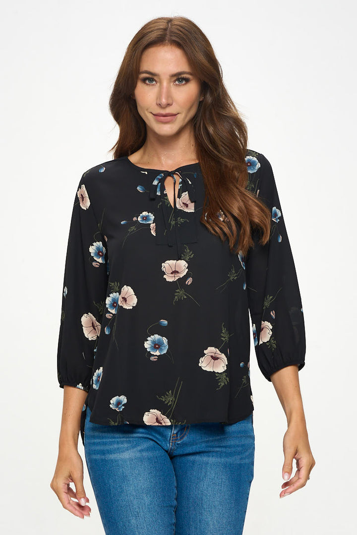 Sophia Three Quarter Balloon Sleeve Printed Everyday Blouse