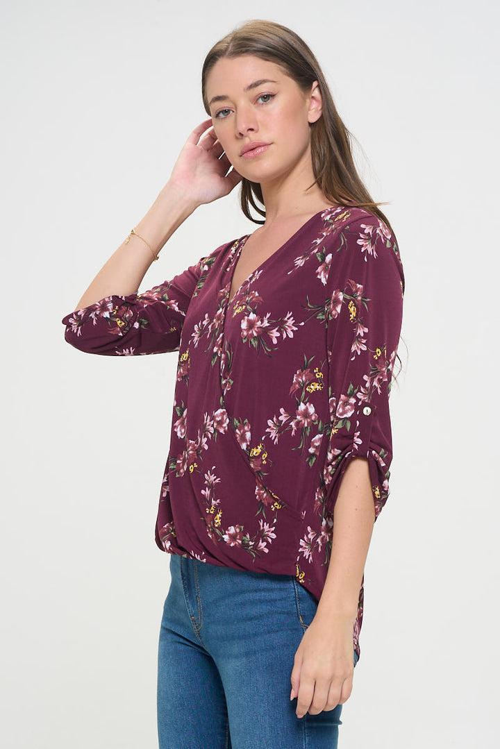 Alexa Knit Surplice Roll Tab Blouse