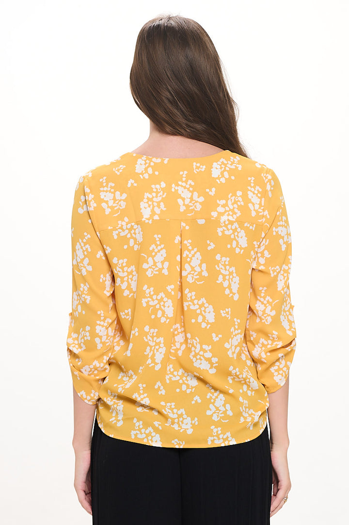 Image of West K Alexa Surplice Roll Tab Blouse Yellow White Floral