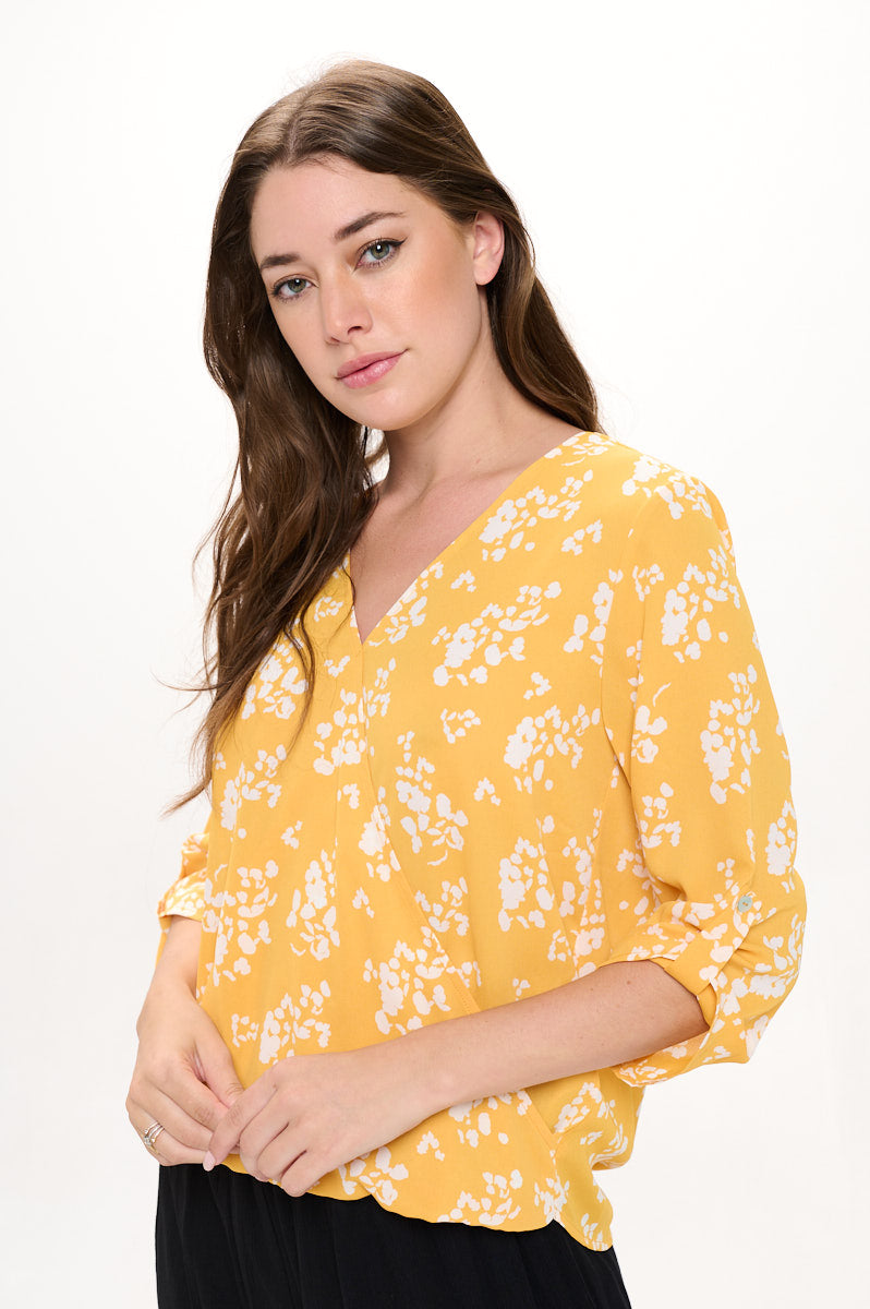 Image of West K Alexa Surplice Roll Tab Blouse Yellow White Floral