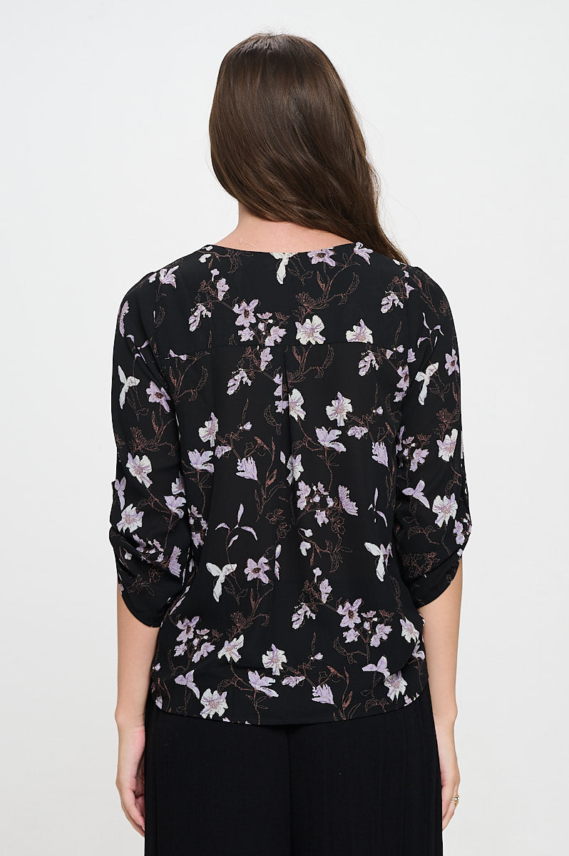 Image of West K Alexa Surplice Roll Tab Blouse Black Purple Floral