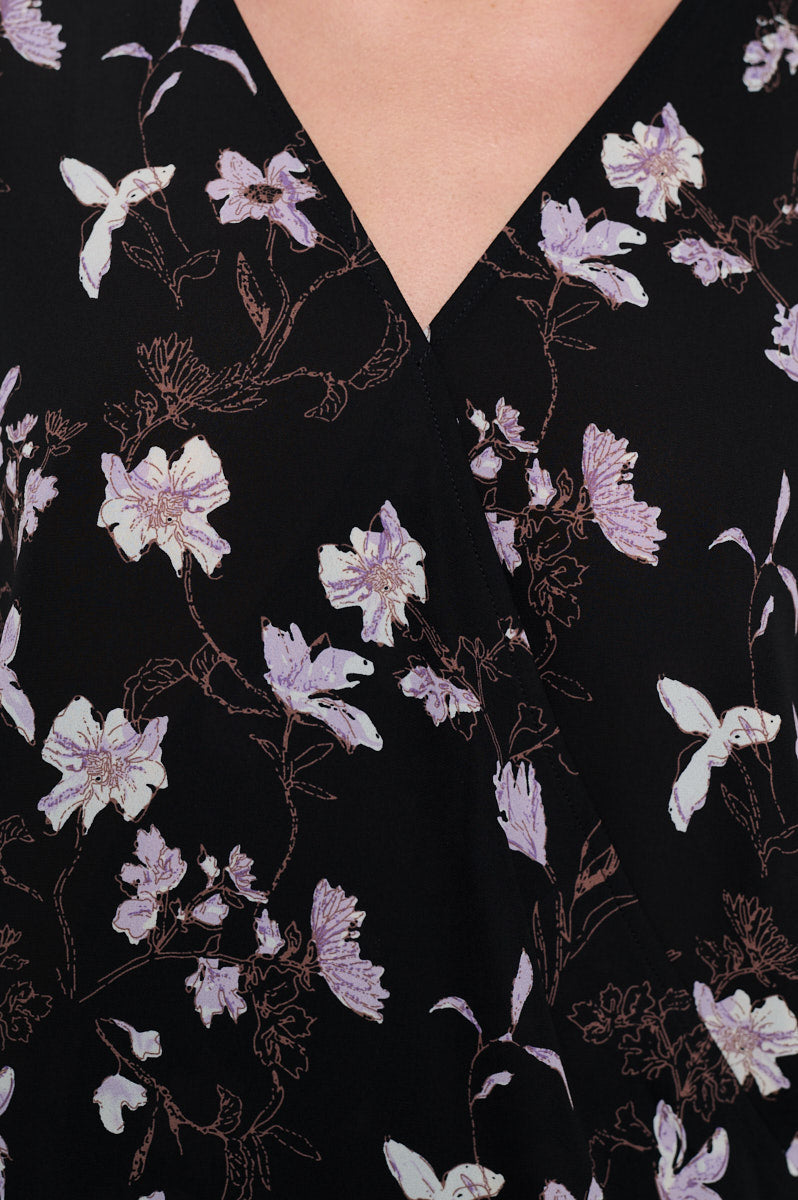 Image of West K Alexa Surplice Roll Tab Blouse Black Purple Floral