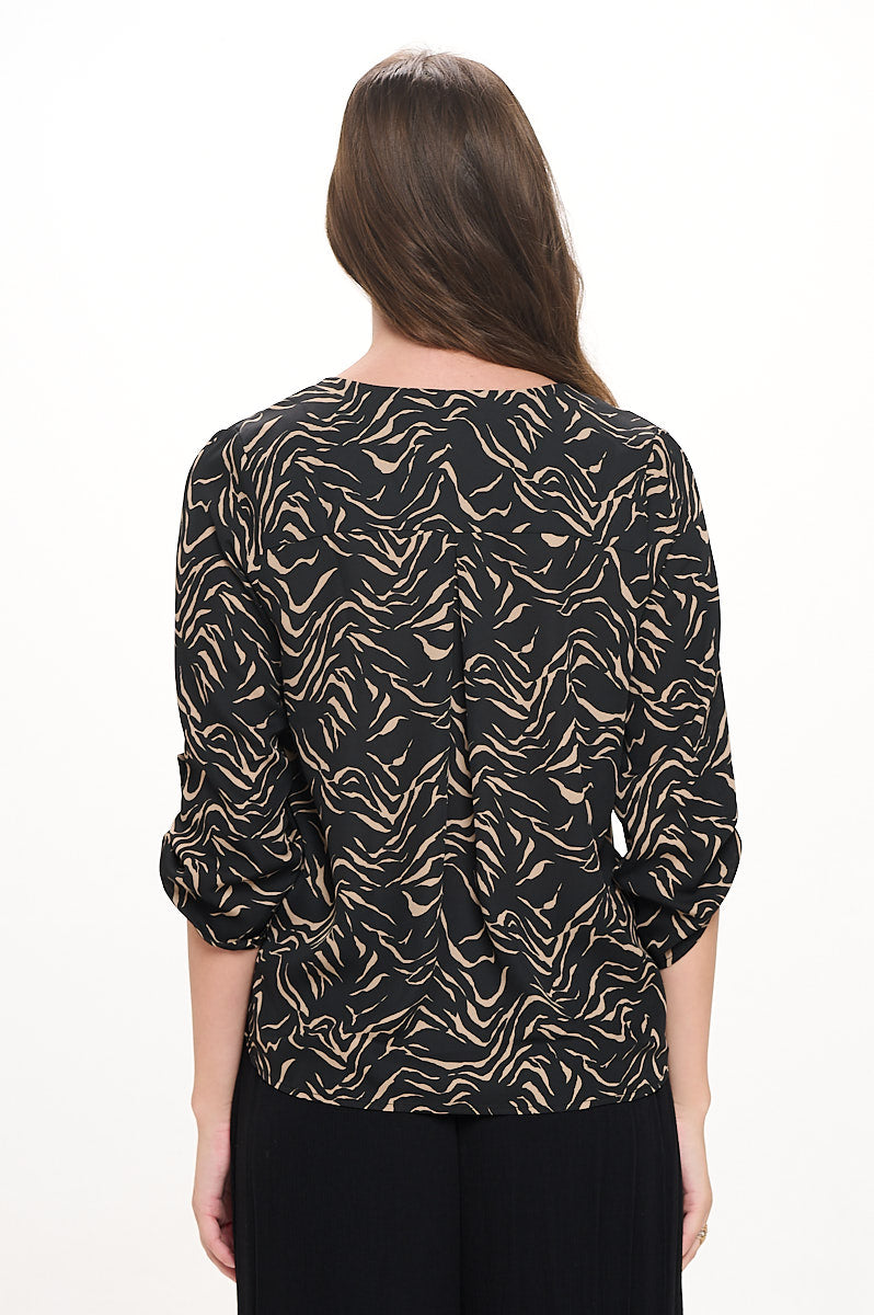 Image of West K Alexa Surplice Roll Tab Blouse Black Tan Abstract