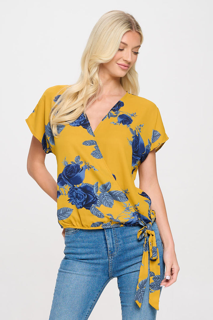 Dallas Side-Tie Short Dolman Sleeve Faux Wrap Top