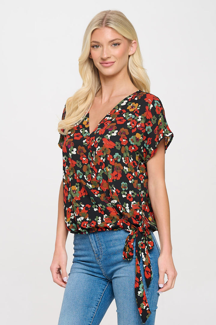 Dallas Side-Tie Short Dolman Sleeve Faux Wrap Top