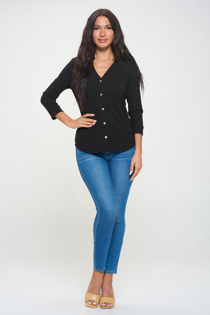 Amaya Rib Knit Button Down Collar Top