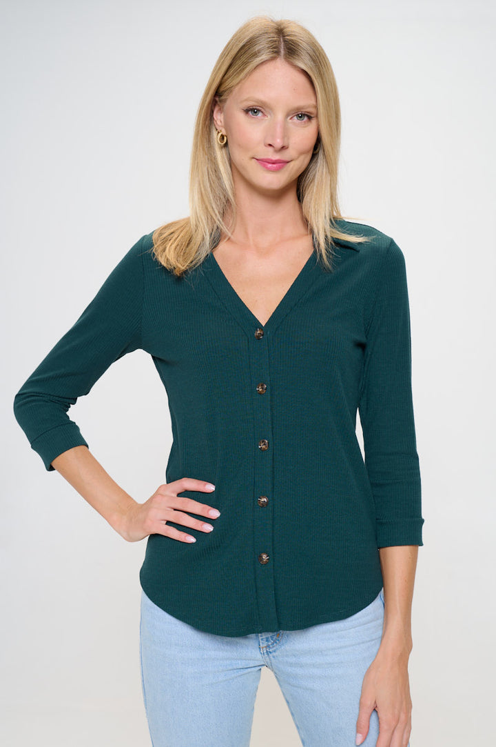 Amaya Rib Knit Button Down Collar Top