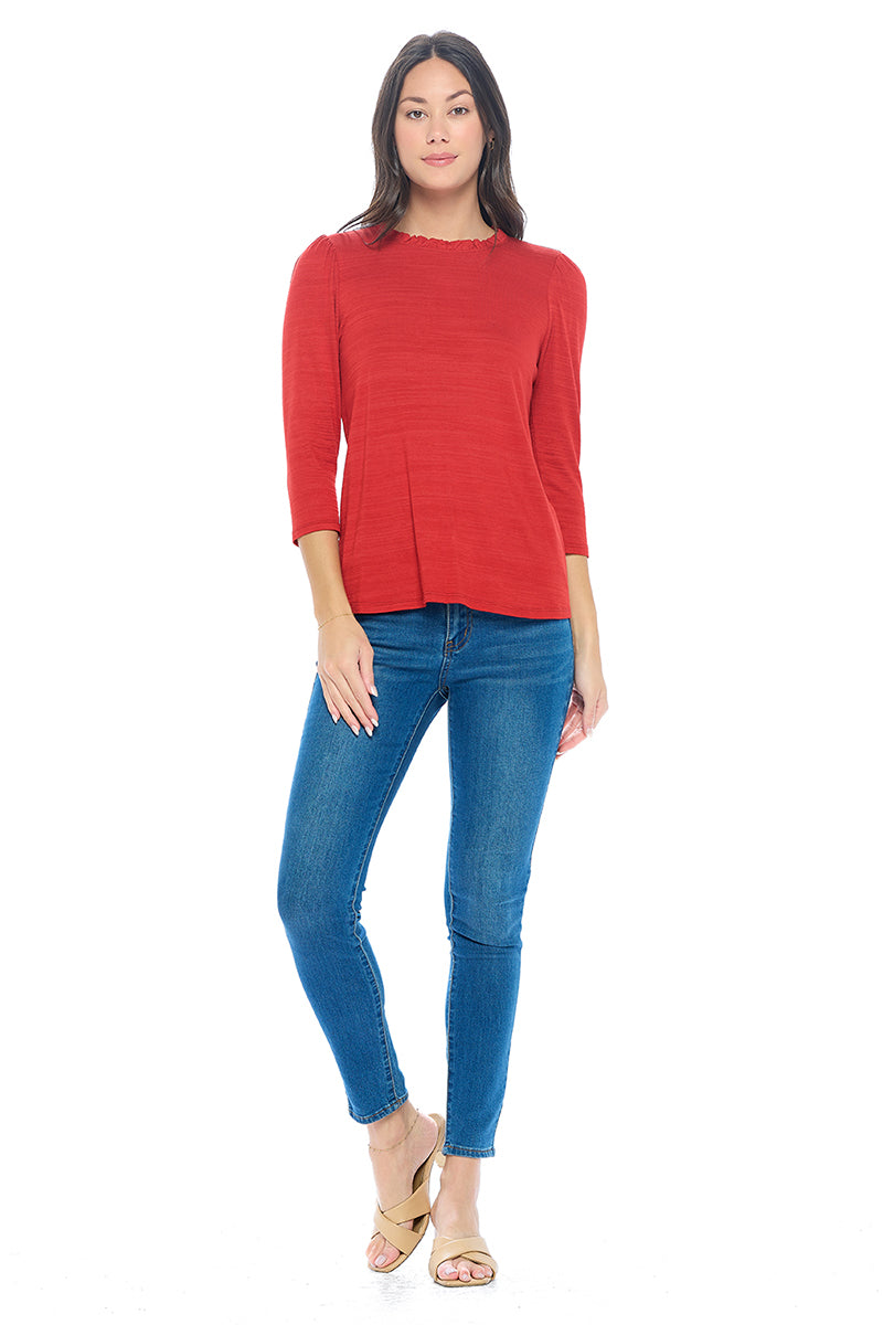 Myra Three Quarter Sleeve Slub Tee with Ruffled neckline