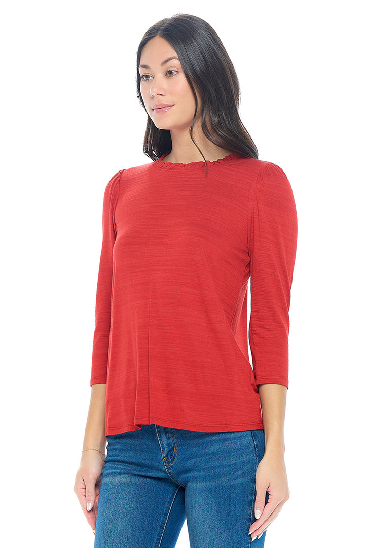 Myra Three Quarter Sleeve Slub Tee with Ruffled neckline