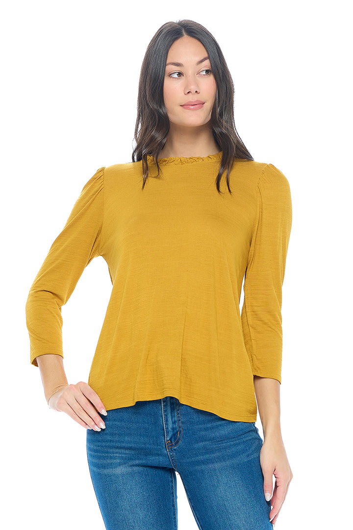 Myra Three Quarter Sleeve Slub Tee with Ruffled neckline