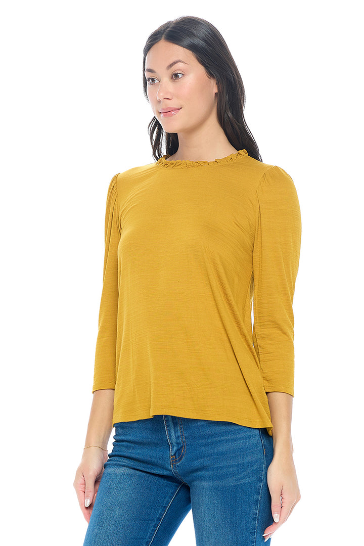 Myra Three Quarter Sleeve Slub Tee with Ruffled neckline