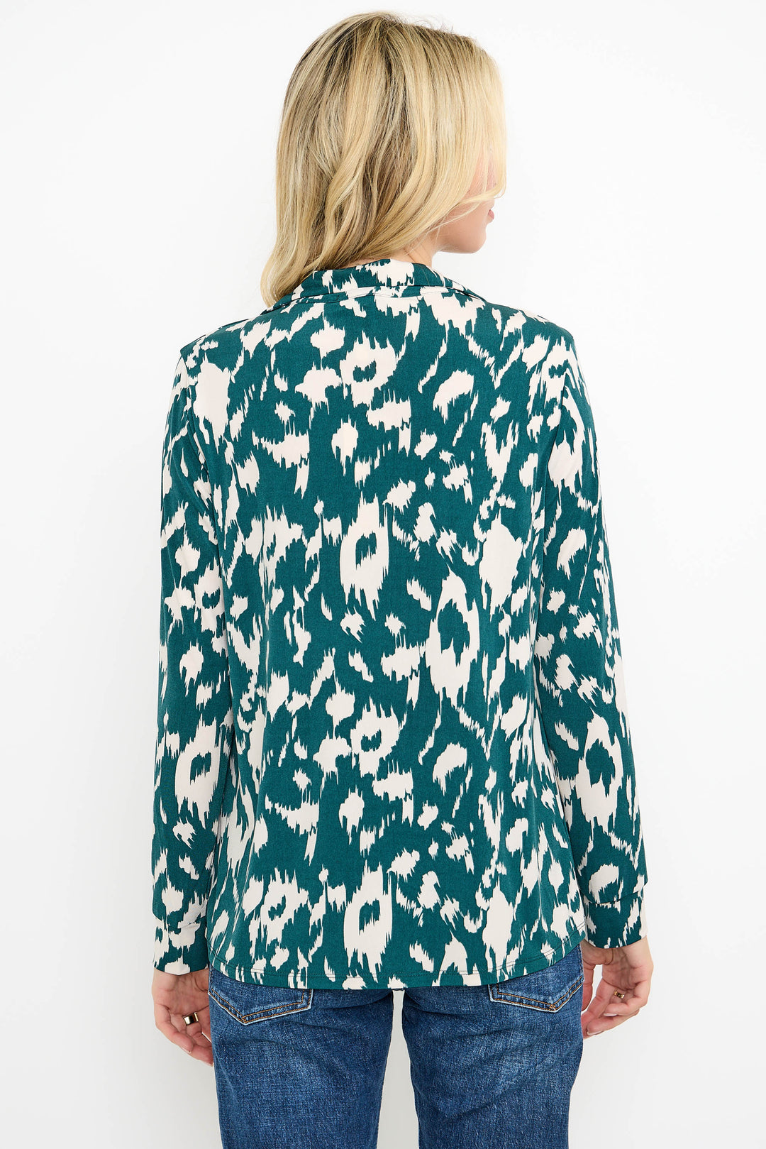 Printed Collared V-Neck Long Sleeve Knit Top