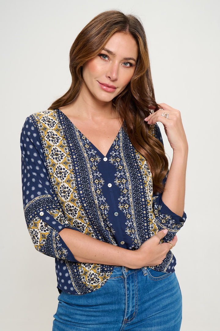 Lina Roll-tab Sleeve V-neck Blouse