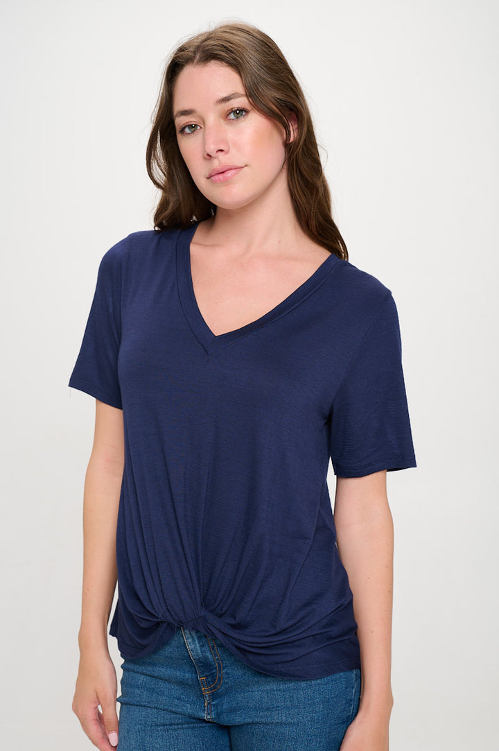 Kaia Short Sleeve Twisted Knot V-Neck Slub Top