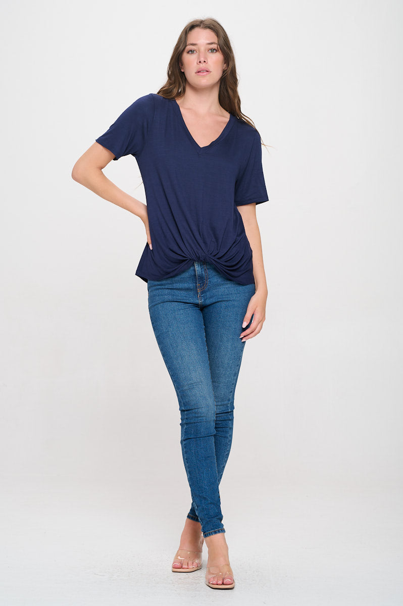 Kaia Short Sleeve Twisted Knot V-Neck Slub Top