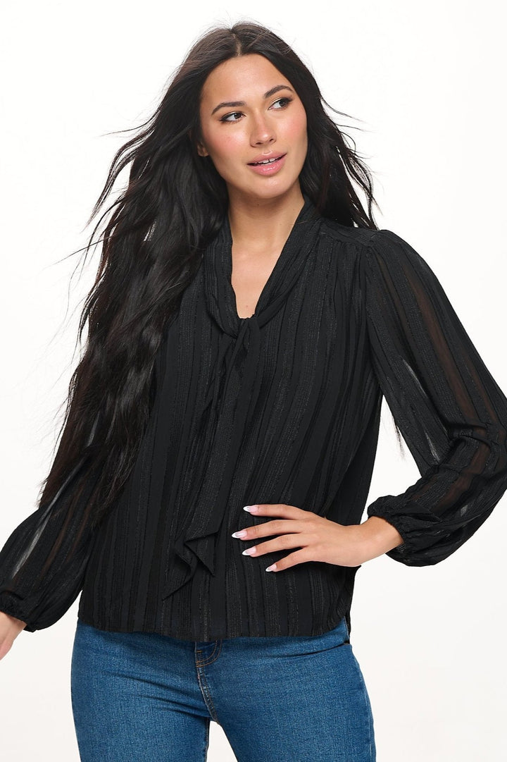 Audrey Long Balloon Sleeve Scarf-Neck Jacquard Blouse