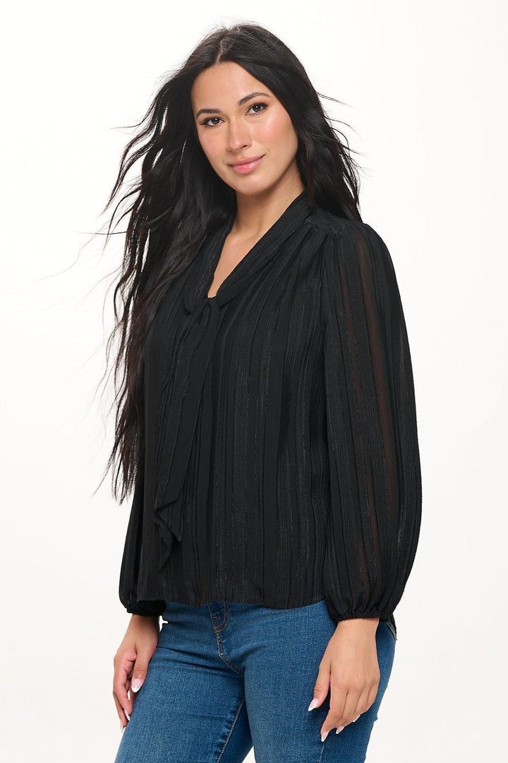 Audrey Long Balloon Sleeve Scarf-Neck Jacquard Blouse