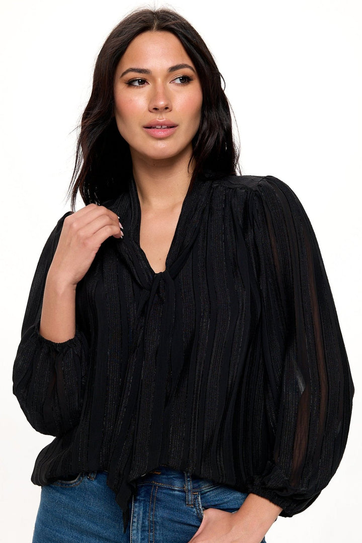 Audrey Long Balloon Sleeve Scarf-Neck Jacquard Blouse