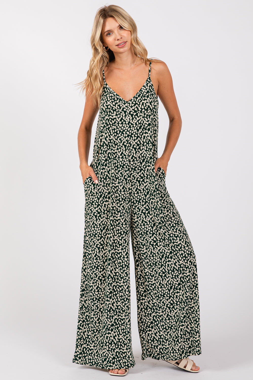 Image of West K Alaiya Knit Strappy Jumpsuit Green Abstract Dot