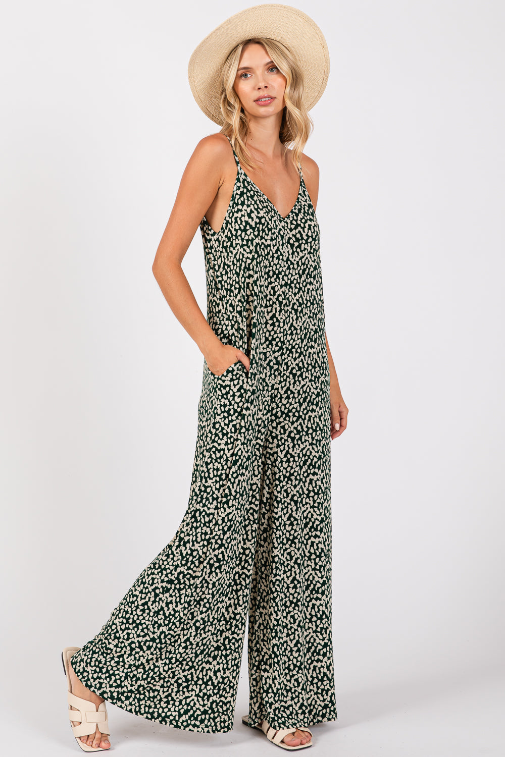 Image of West K Alaiya Knit Strappy Jumpsuit Green Abstract Dot