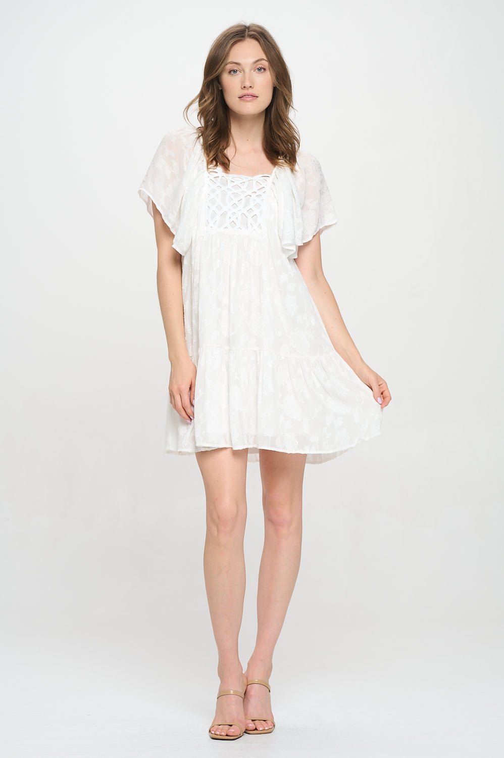 Image of West K Abigail Crochet Lace Butterfly Sleeve Knee Length Dress White Floral