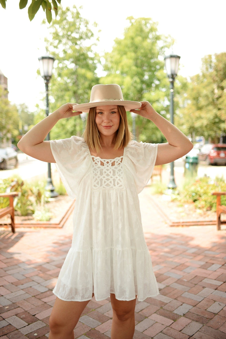 Image of West K Abigail Crochet Lace Butterfly Sleeve Knee Length Dress White Floral