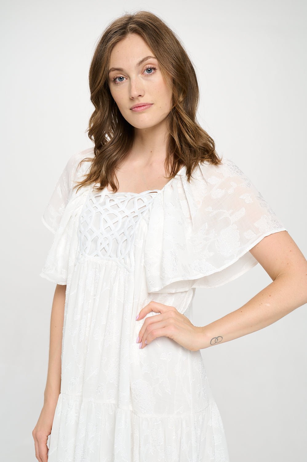 Image of West K Abigail Crochet Lace Butterfly Sleeve Knee Length Dress White Floral