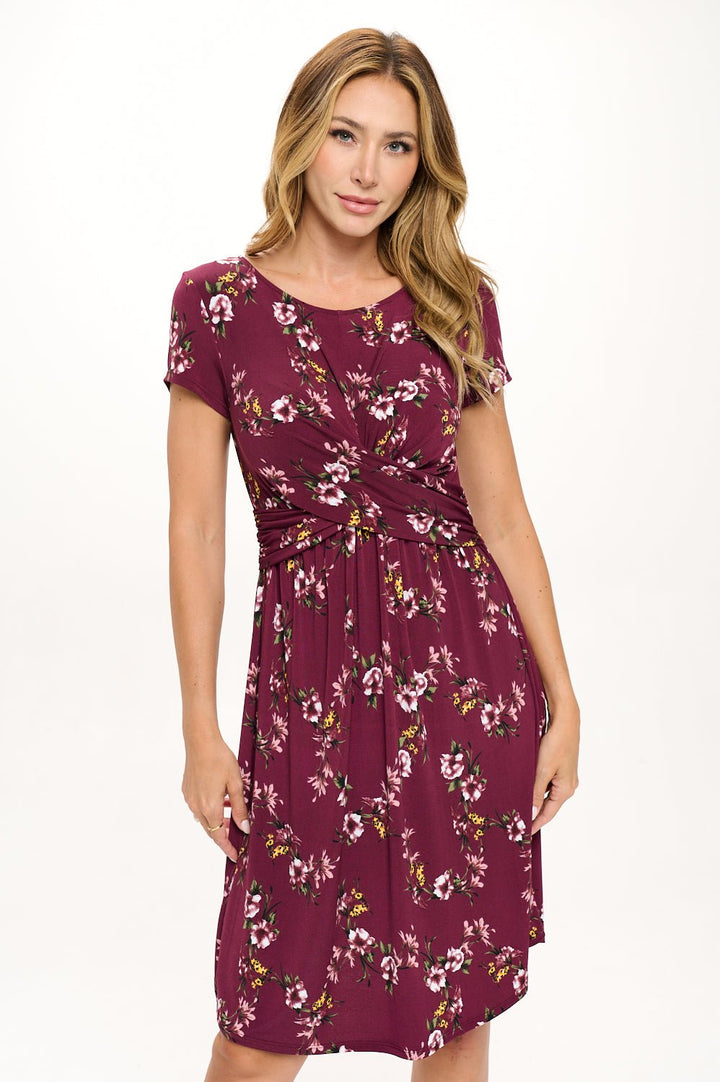 Image of West K Adele Short Sleeve Crossover Front Mini Dress Burgundy Floral