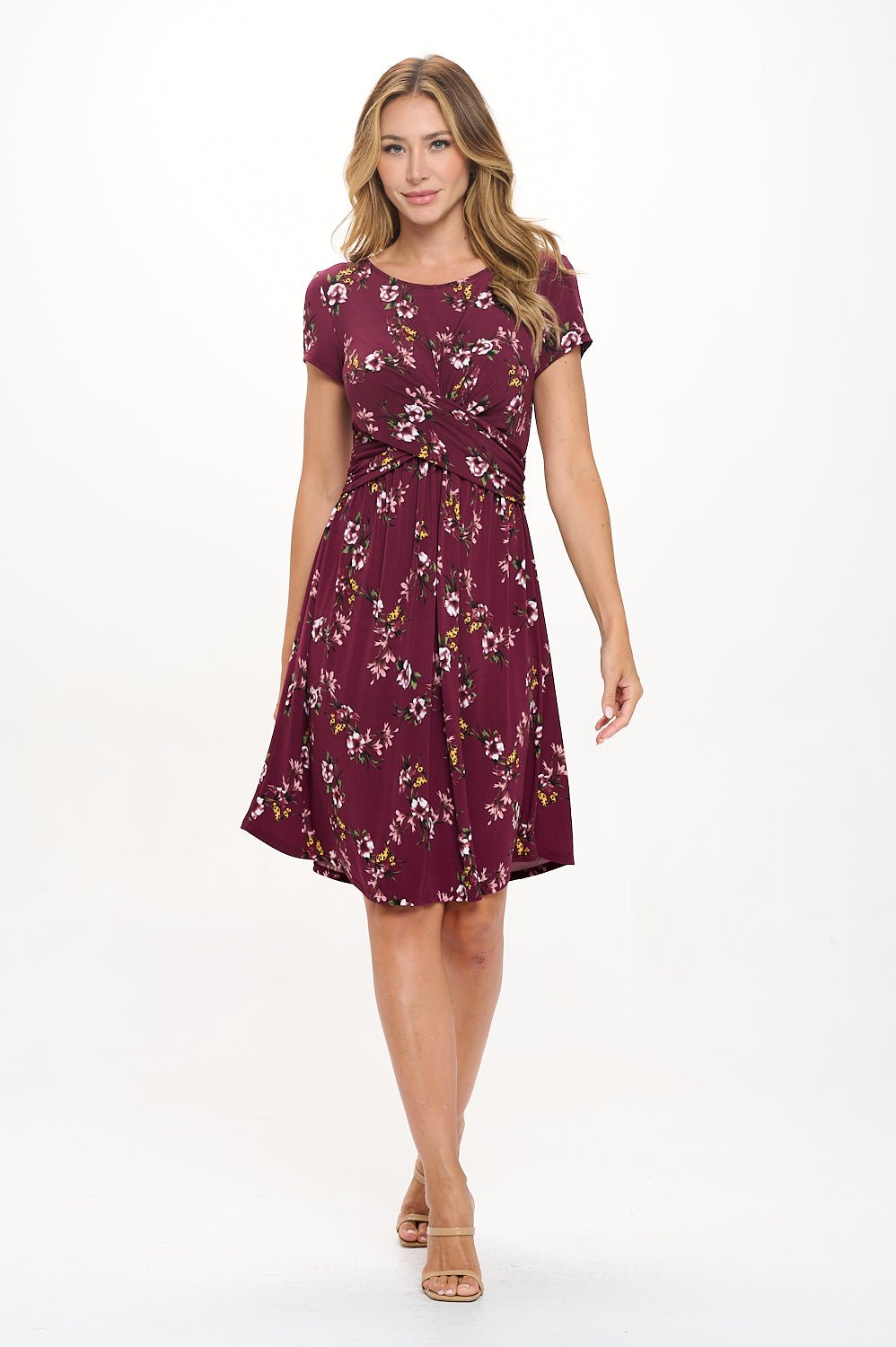 Image of West K Adele Short Sleeve Crossover Front Mini Dress Burgundy Floral