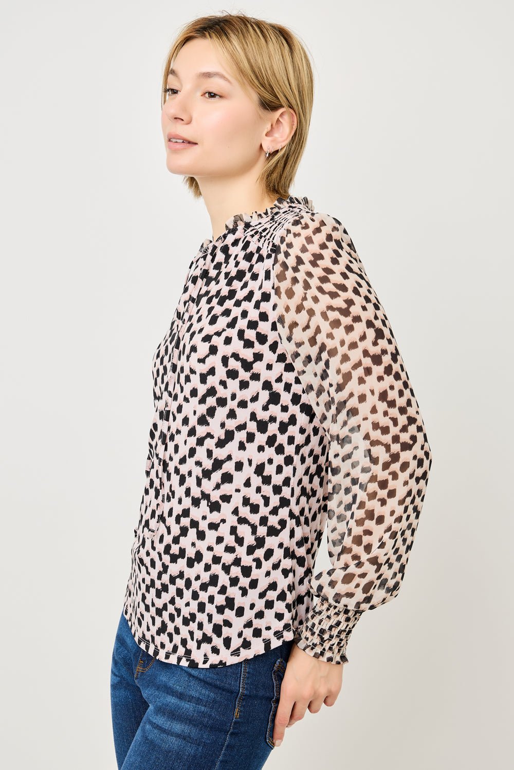 Image of West K Adelina Smocked Cuff Mixed - Media Blouse Abstract Leopard