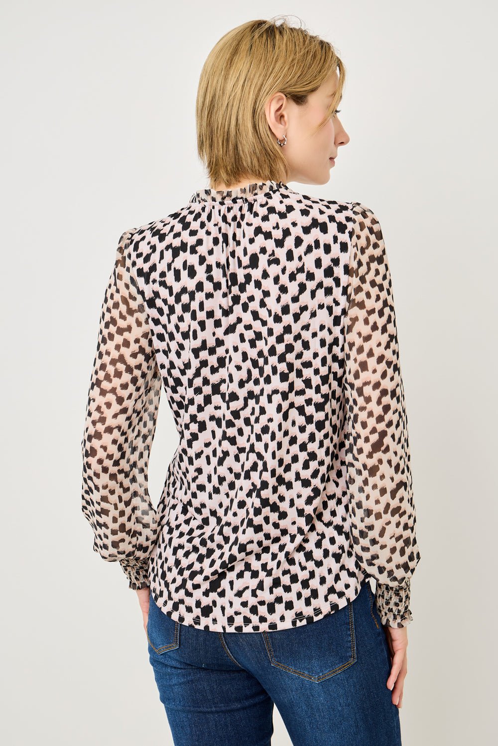 Image of West K Adelina Smocked Cuff Mixed - Media Blouse Abstract Leopard
