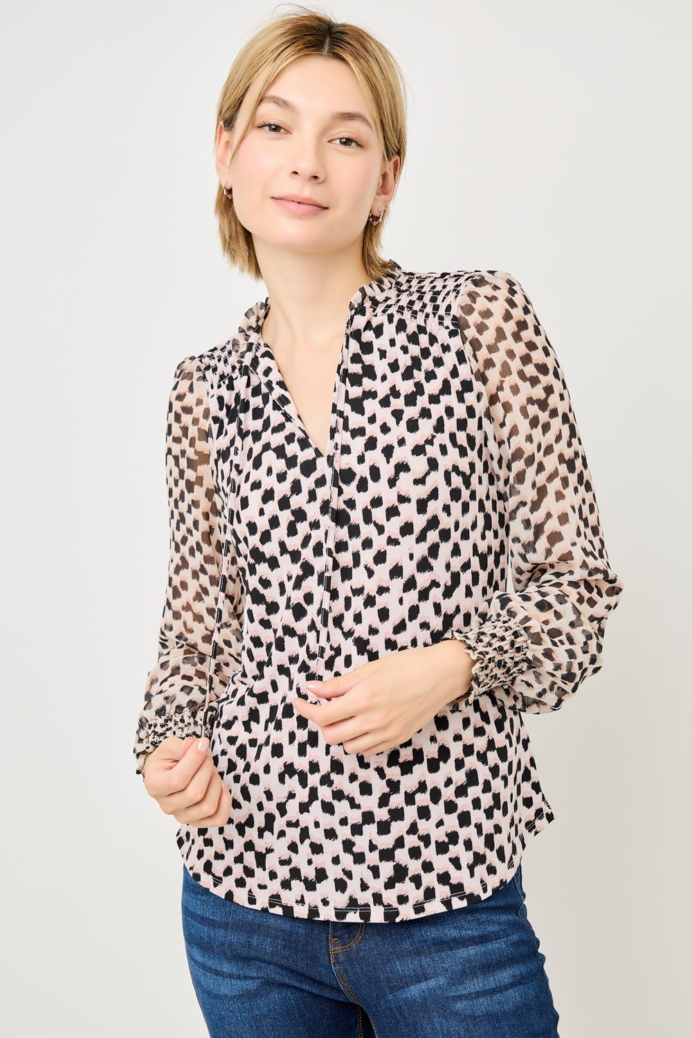 Image of West K Adelina Smocked Cuff Mixed - Media Blouse Abstract Leopard