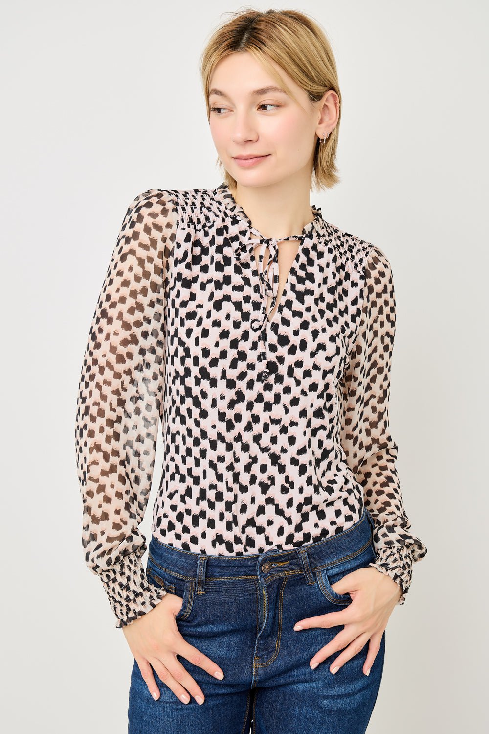 Image of West K Adelina Smocked Cuff Mixed - Media Blouse Abstract Leopard